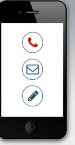 Smartphone showing communication icons for call, email, and messaging on screen.